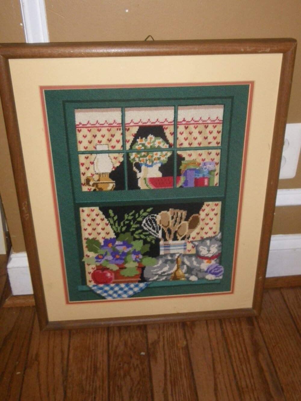 Vintage Large Needlepoint Hand Stitched Art Fun Cozy Country Kitchen Window